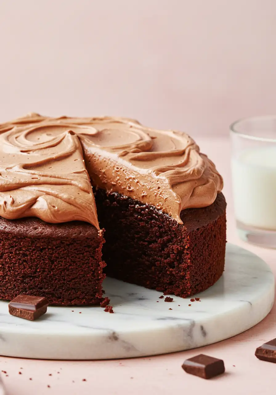 Chocolate Nutella cake with a slice missing on a white marble plate.