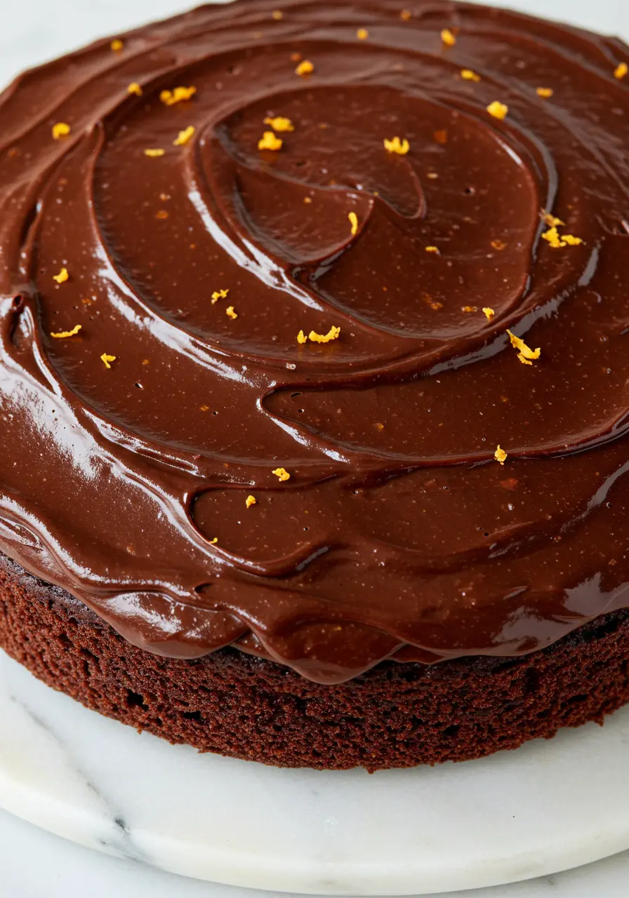 Chocolate orange cake placed on a white marble plate.