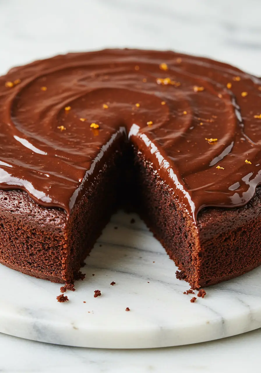 Chocolate orange cake placed on a white marble plate with a slice missing.