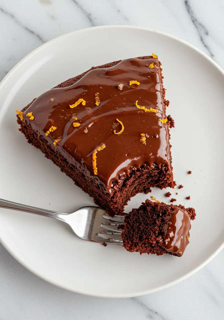 A Slice of chocolate orange cake with a bite taken out of it.