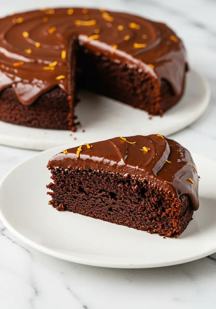 A Slice of chocolate orange cake placed on a white plate.