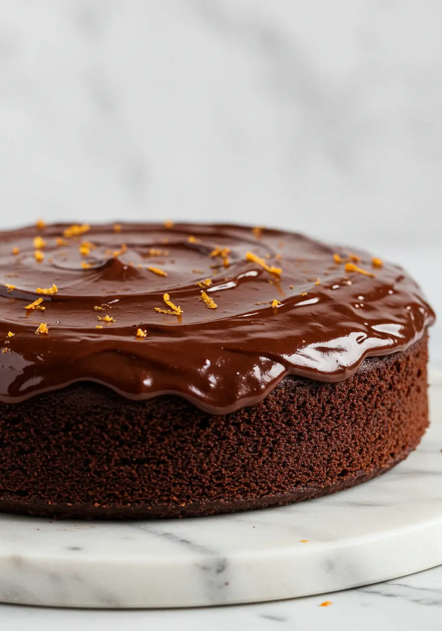 Chocolate orange cake placed on a white marble plate against a white white marble surface.