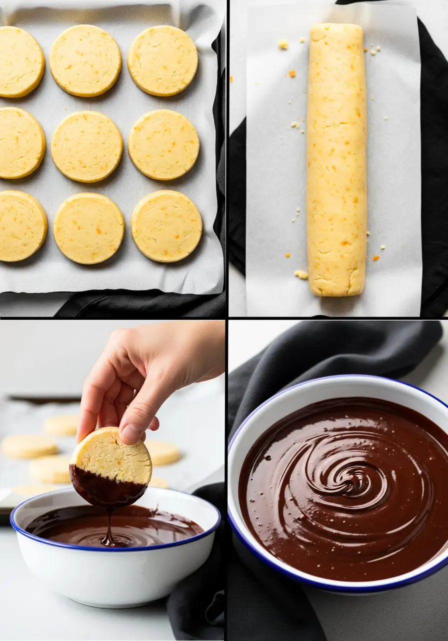 The steps of making chocolate orange shortbread cookies.
