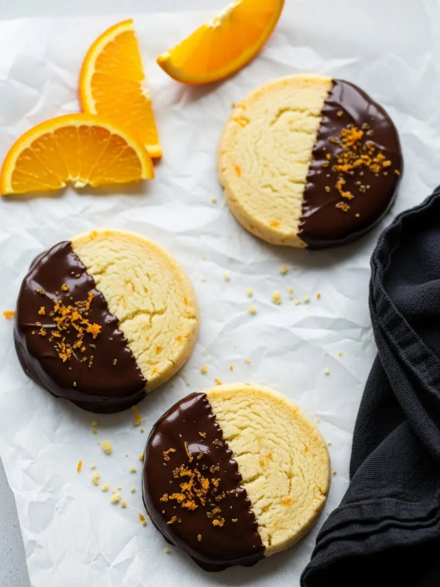 Chocolate orange shortbread cookies on a piece of parchment and a black napkin beside them.