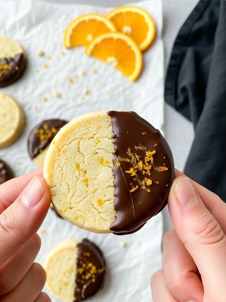 A hand gently holding a chocolate orange shortbread cookie.