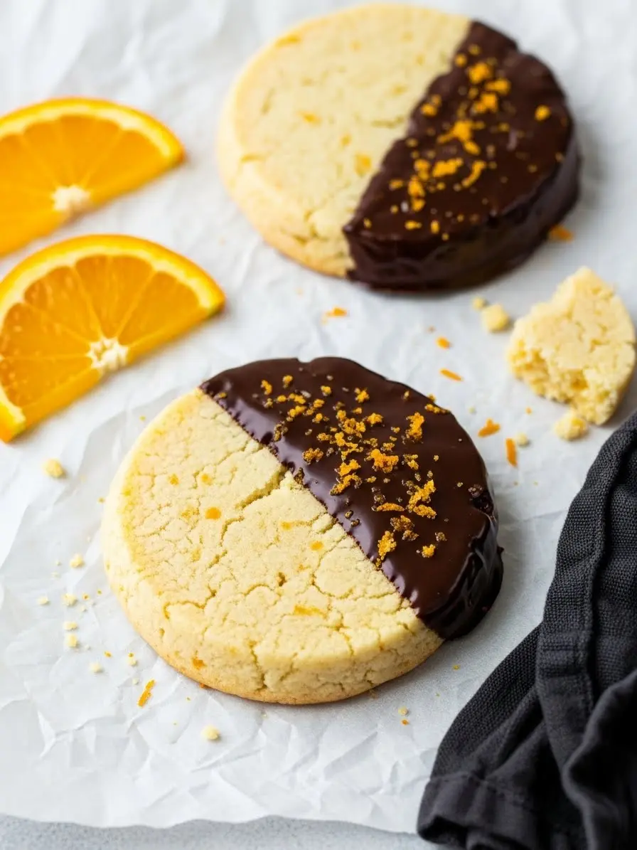 Two chocolate orange shortbread cookies on a piece of parchment.