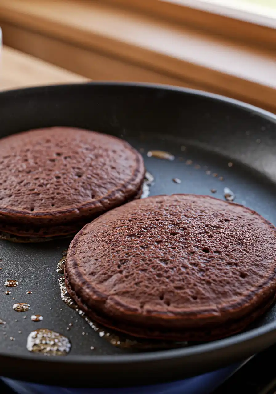 Chocolate pancakes are being cooked in a black pan.
