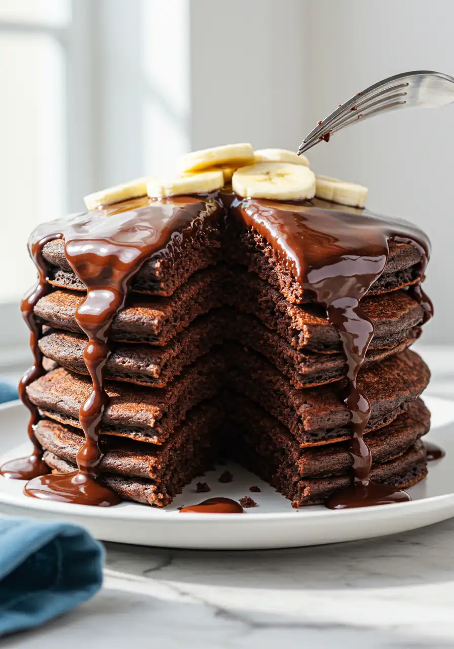 Chocolate pancakes placed on a white plate with a big serving taken out of them.