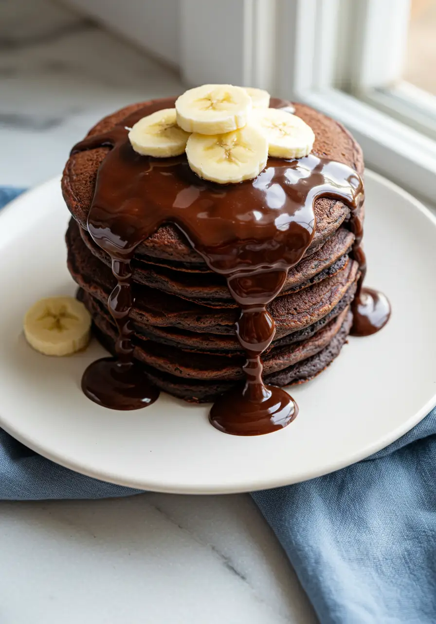 Chocolate pancakes placed on a white plate, drizzled with chocolate sauce and topped with banana slices.