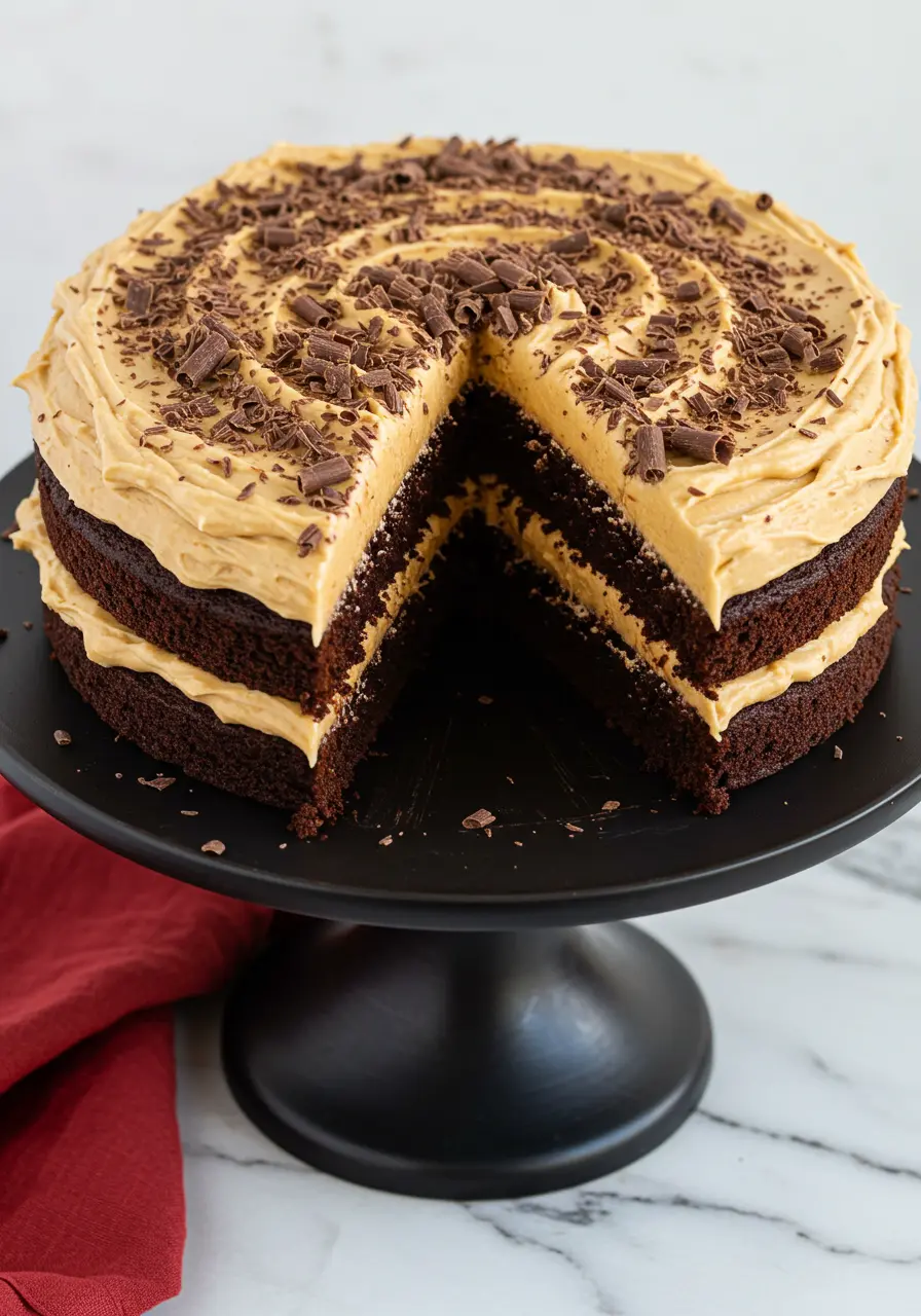 Chocolate peanut butter cake with a slice missing on a black cake stand against and a red napkin around it.