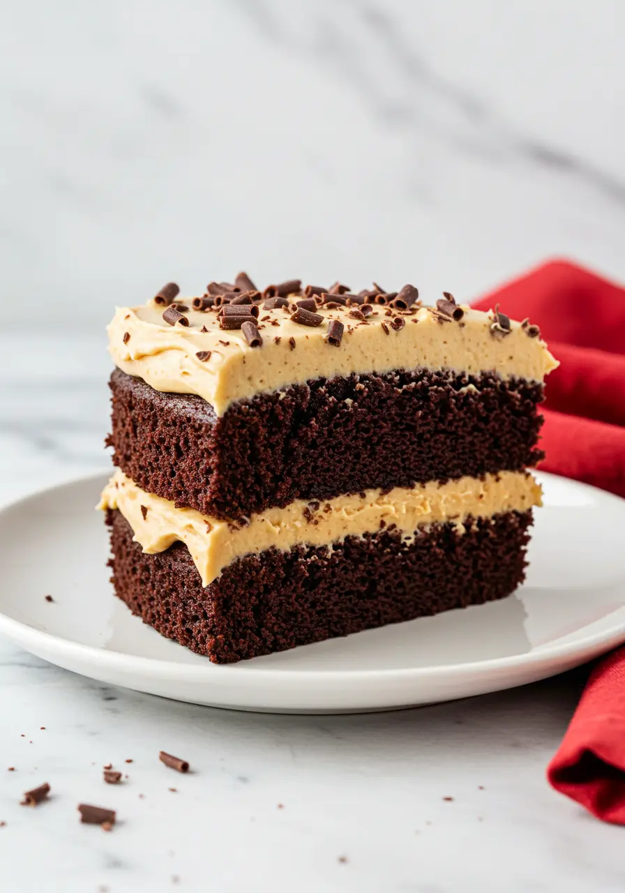 A slice of chocolate peanut butter cake on a white plate.