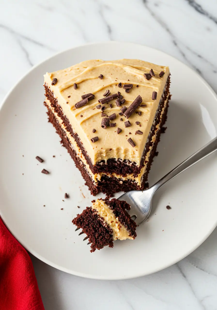 A slice of chocolate peanut butter cake with a bite taken out of it placed on a white plate.