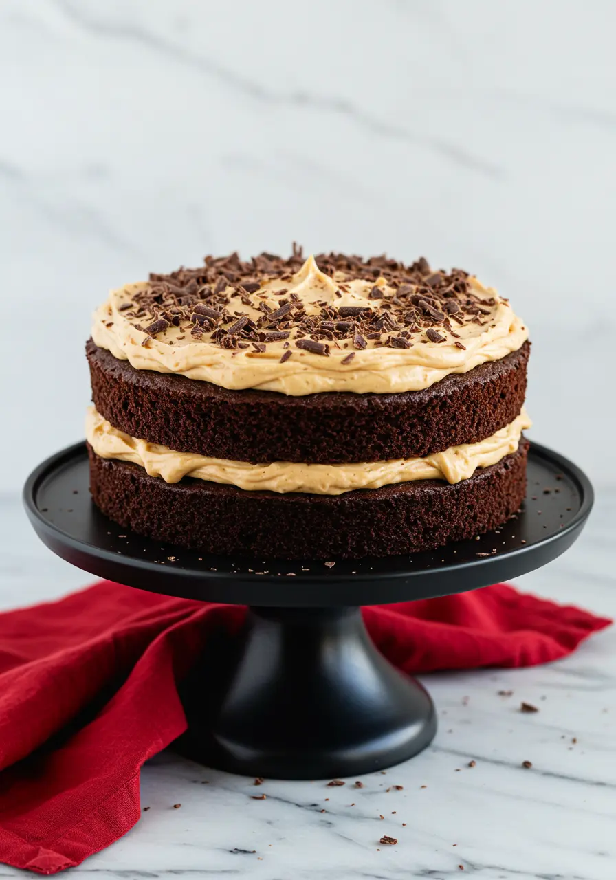 Chocolate peanut butter cake on a black cake stand against a white marble surface.