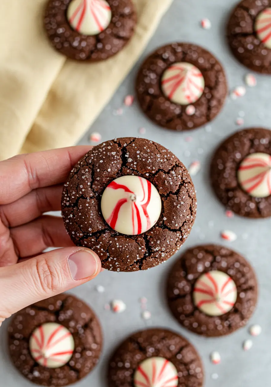 A hand holding a chocolate peppermint blossom.