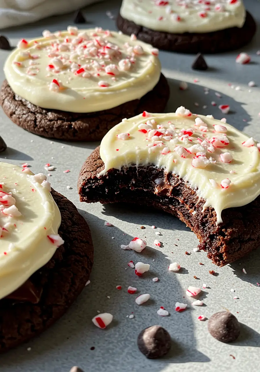 Chocolate peppermint cookies with one of them has a bite missing.
