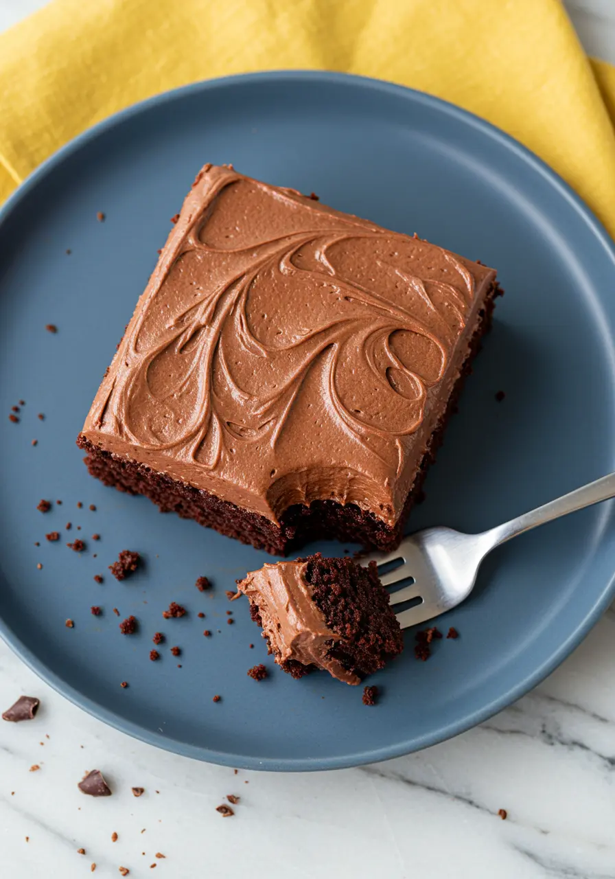 A slice of chocolate sheet cake with a forkful bite taken out of it on a blue plate, and a yellow napkin beneath it.