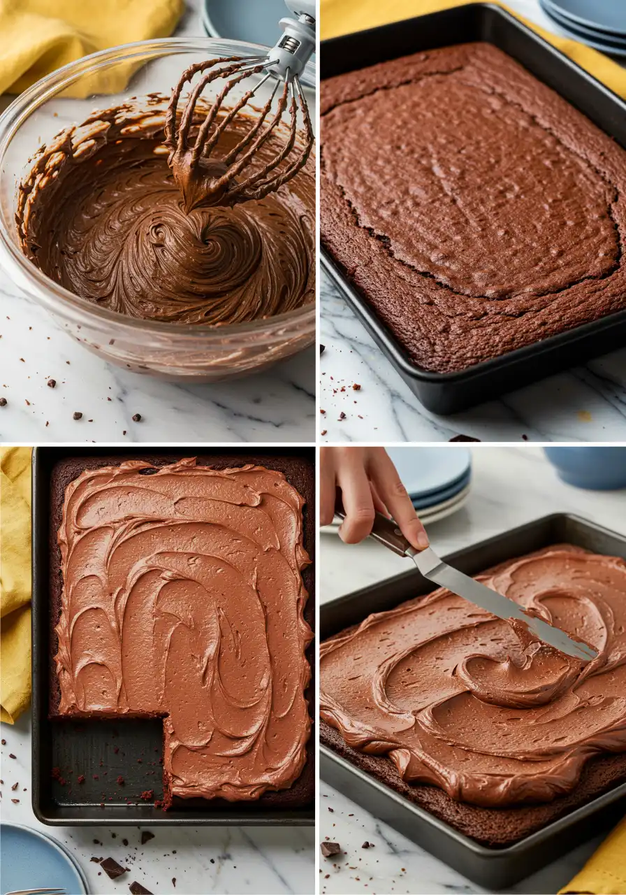 The steps of making chocolate sheet cake.