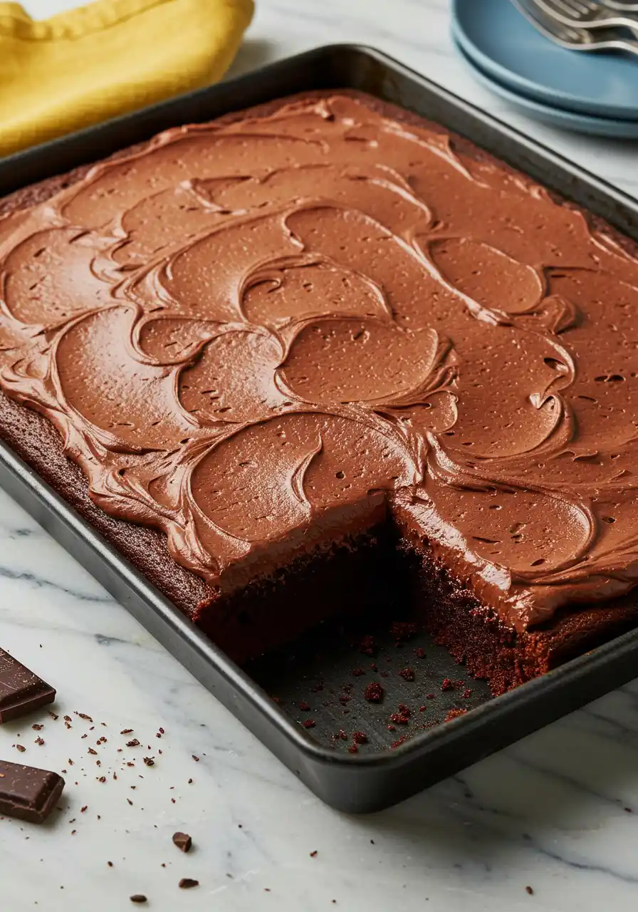 Chocolate sheet cake with a slice missing on a black baking sheet against a white marble surface.