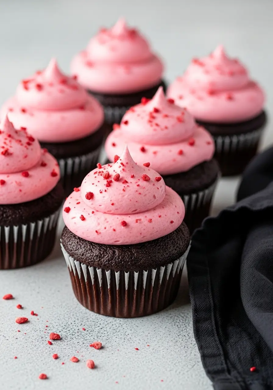 Chocolate strawberry cupcakes on a light gray surface.