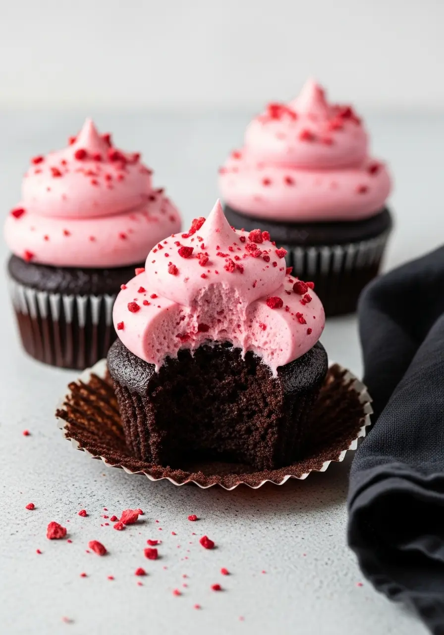 Three chocolate strawberry cupcakes and one of them has a bite missing.