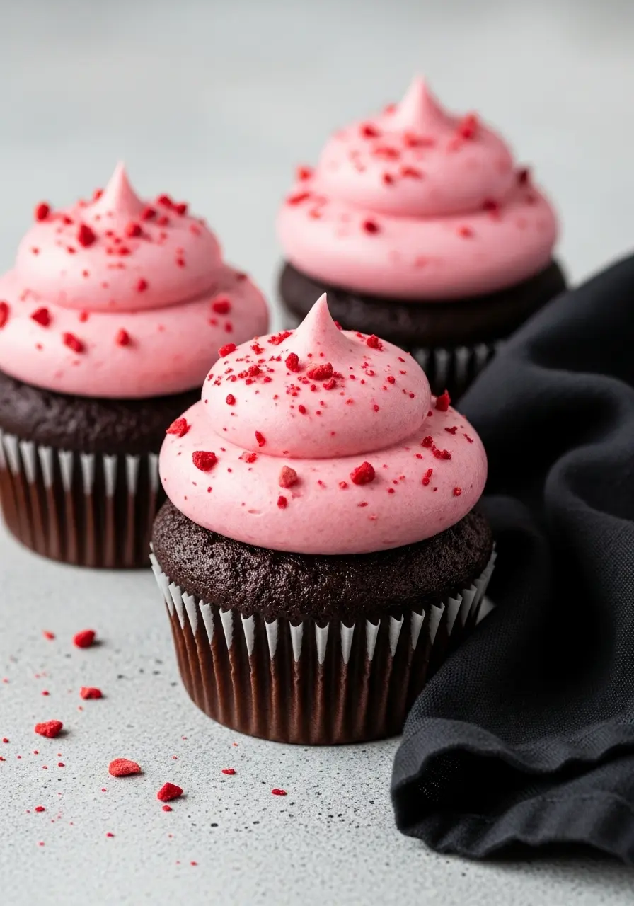Chocolate strawberry cupcakes on a light gray surface and a black napkin beside.