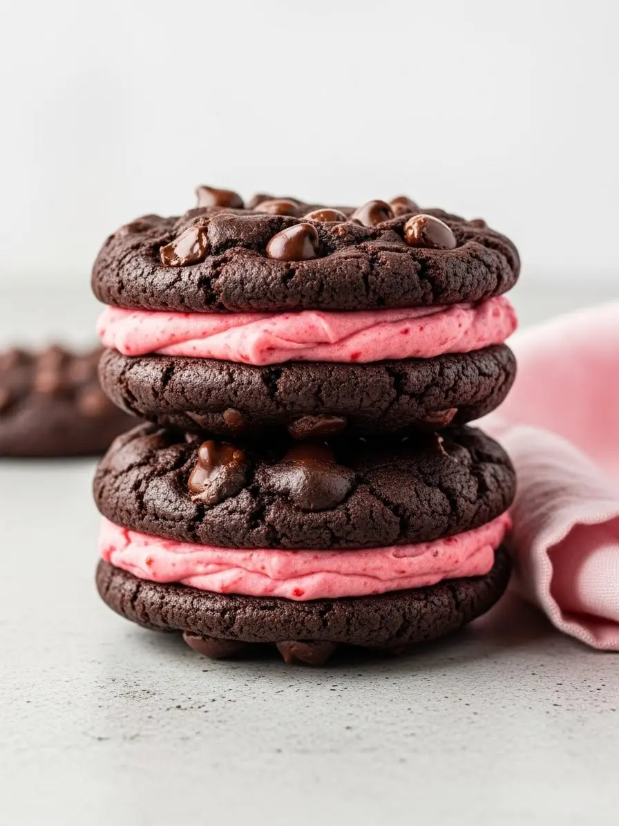 Two chocolate strawberry sandwich cookies stacked together.