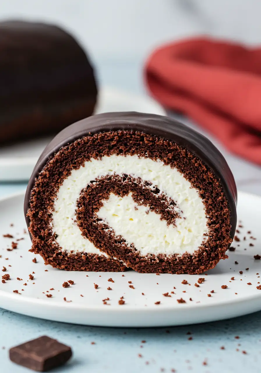 A slice of chocolate Swiss roll cake on a white plate against a white marble surface.