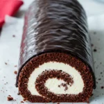 Chocolate Swiss roll on a parchment paper against a white marble surface and a red napkin next to it.