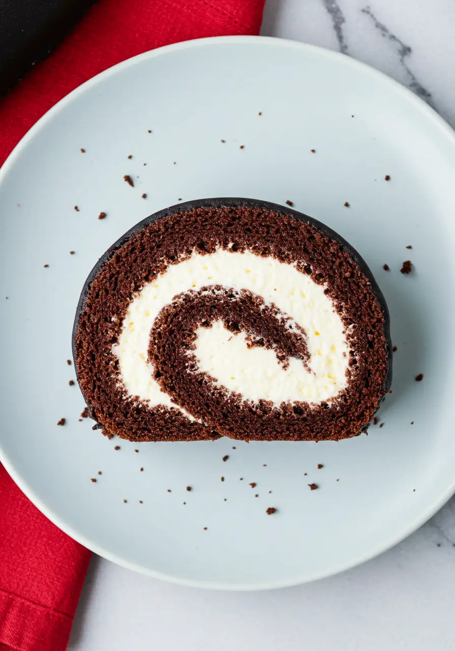 A slice of chocolate Swiss roll cake on a white plate and a red napkin beneath it.