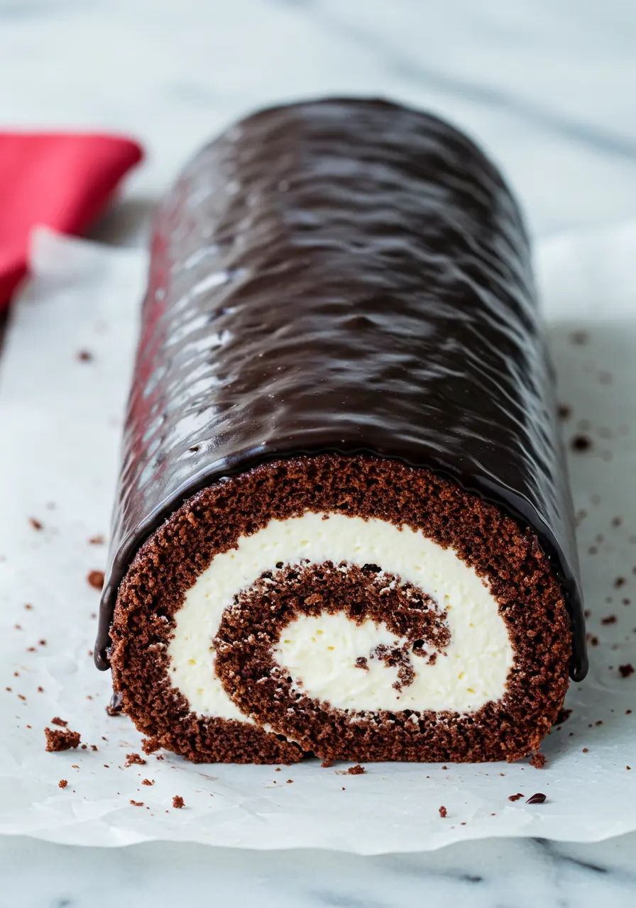 Chocolate Swiss roll on a parchment paper against a white marble surface and a red napkin next to it.