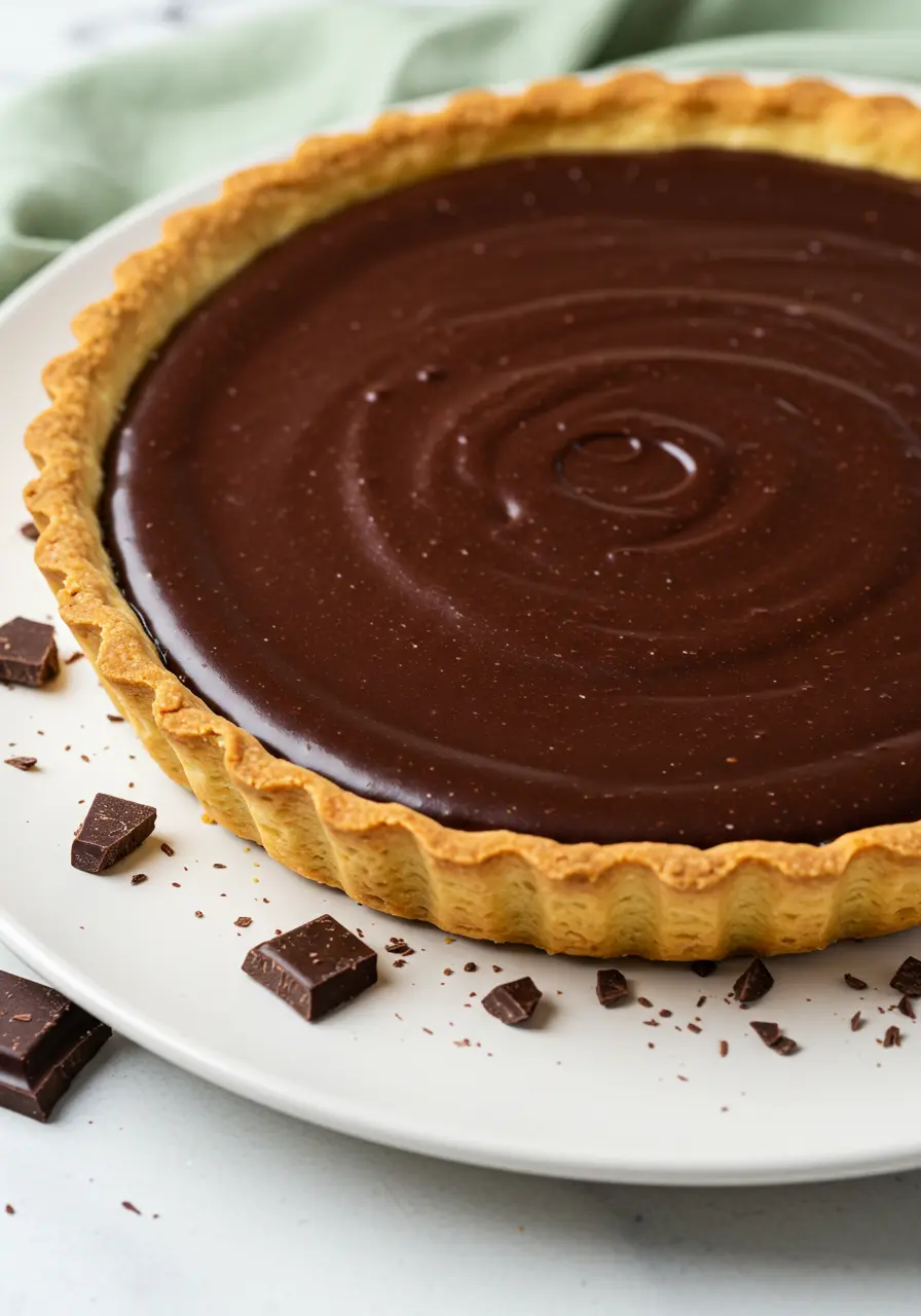 Chocolate tart on a large white plate.