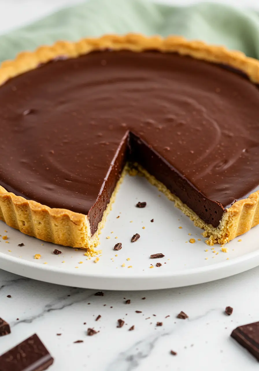 Chocolate tart with a slice missing.