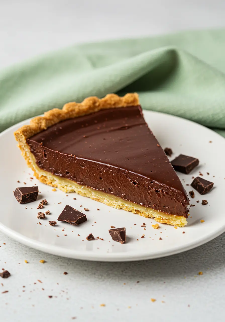 A slice of chocolate tart on a small white plate.