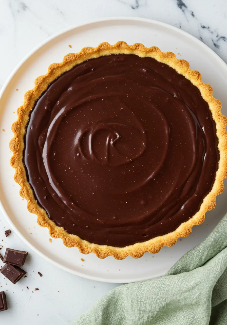 Chocolate tart on a large white plate and a light green napkin beside it.