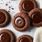 Chocolate thumbprint cookies on a light gray surface.