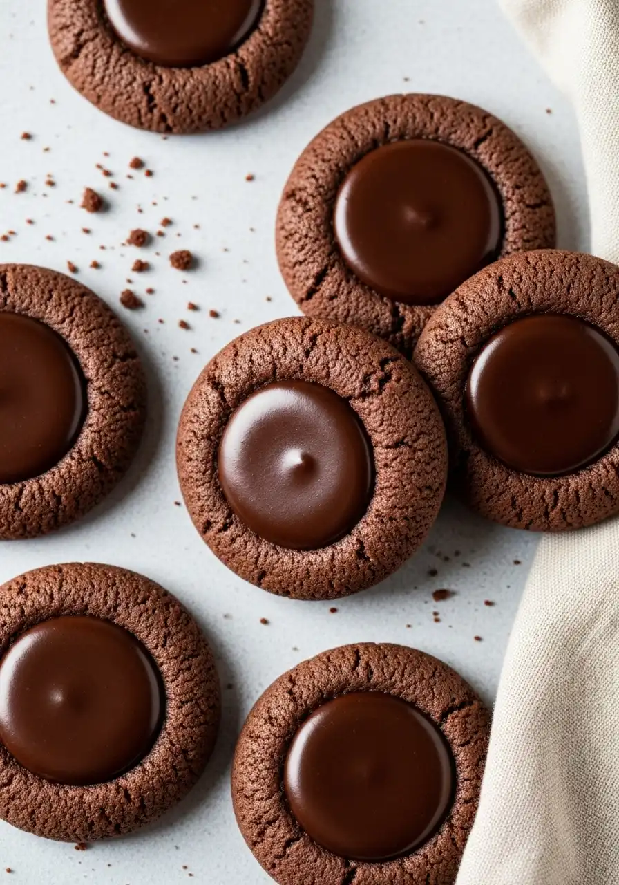 Chocolate thumbprint cookies on a light gray surface.