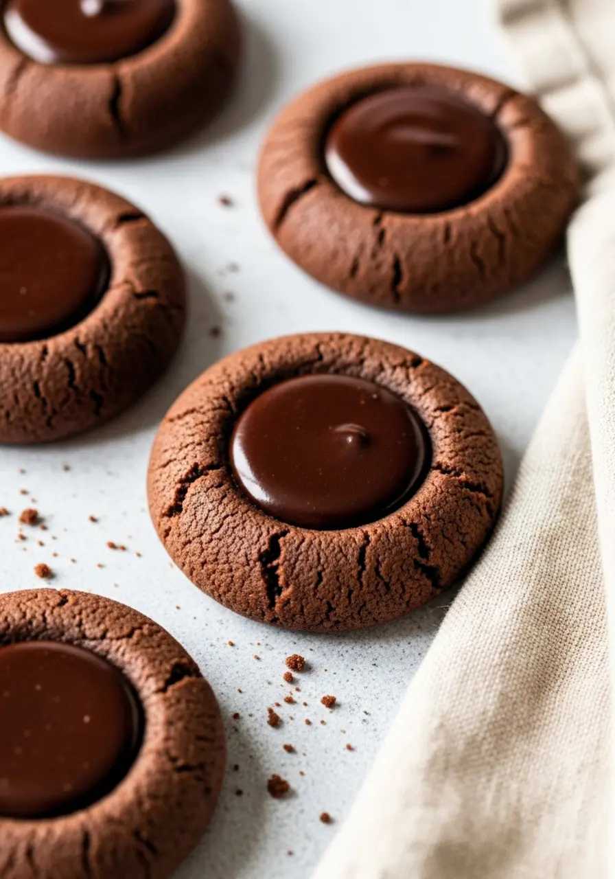 Chocolate thumbprint cookies on a light gray surface and a beige napkin beside.