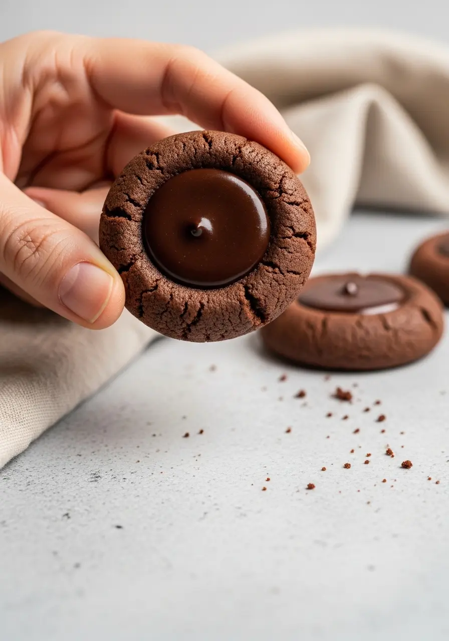 A hand holding a chocolate thumbprint cookie.
