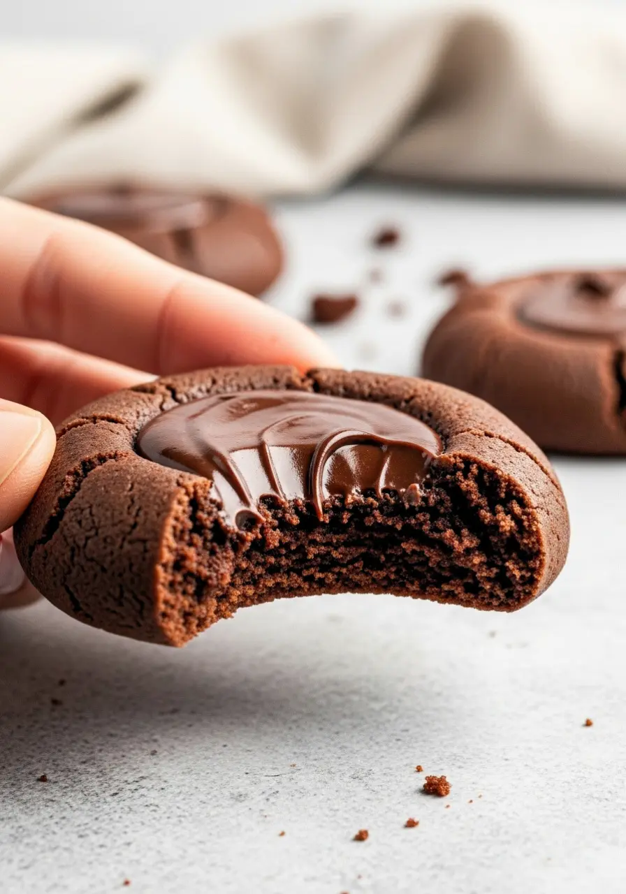 A hand holding a chocolate thumbprint cookie with a bite missing.