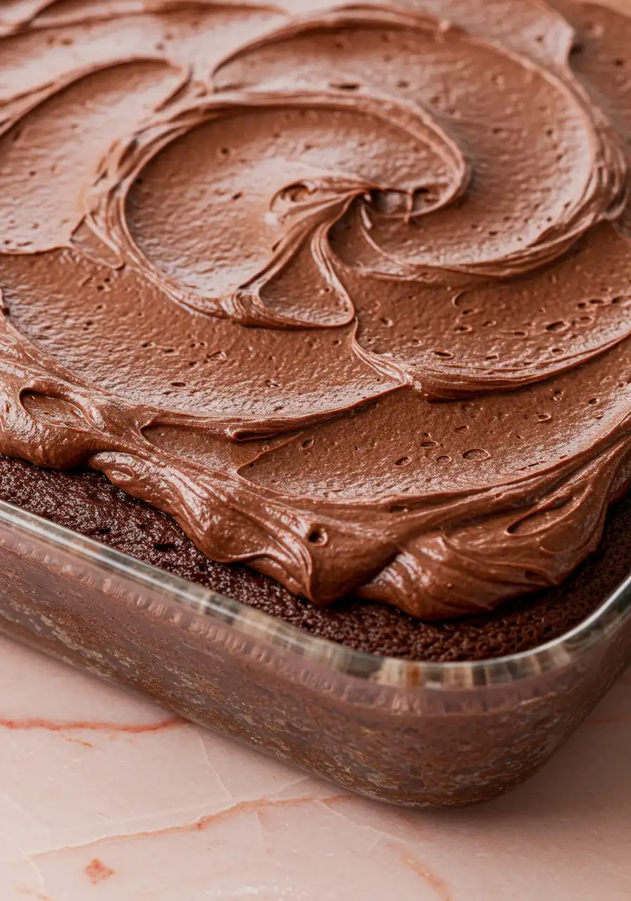 Chocolate zucchini cake in a glass baking dish.