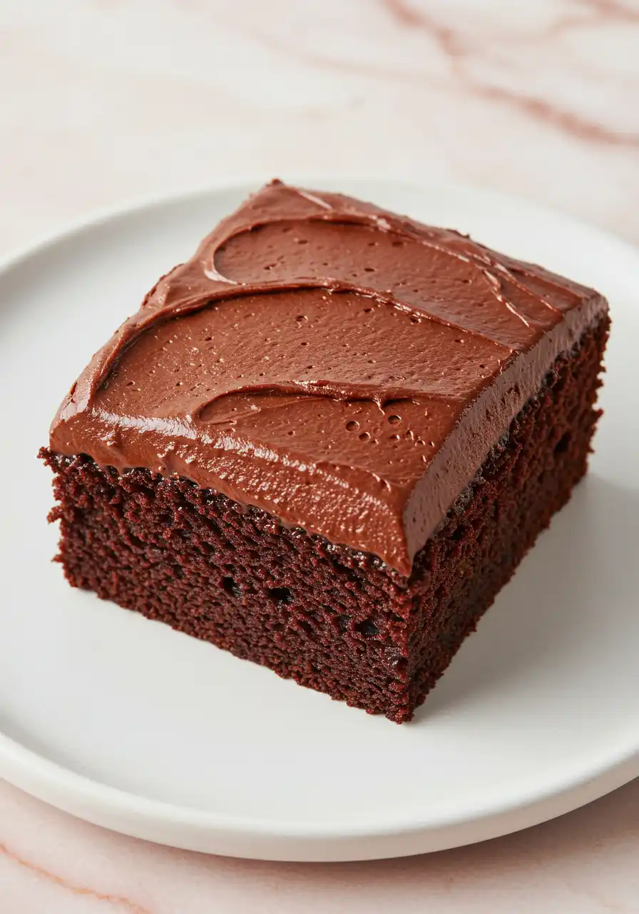 A slice of chocolate zucchini cake on a white plate.
