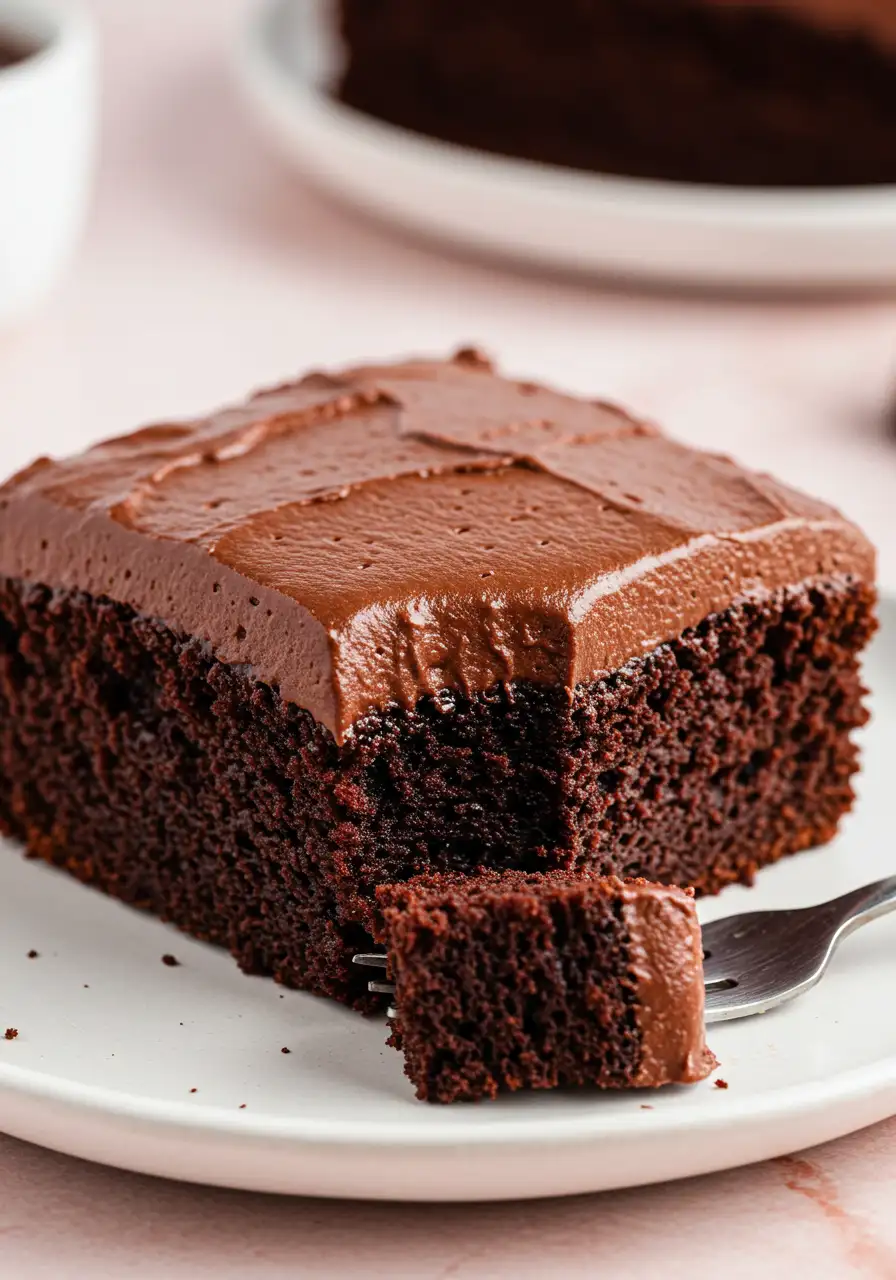 A slice of chocolate zucchini cake with a forkful bite taken out of it.