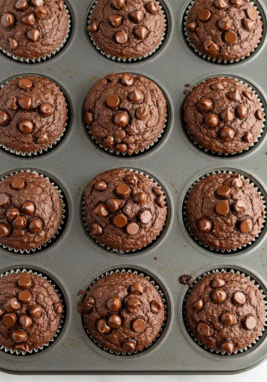 Freshly baked chocolate zucchini muffins in the muffin tin.