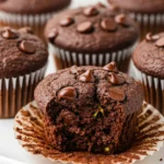 Chocolate zucchini muffins on a white plate with one of them has a bite taken out of it.