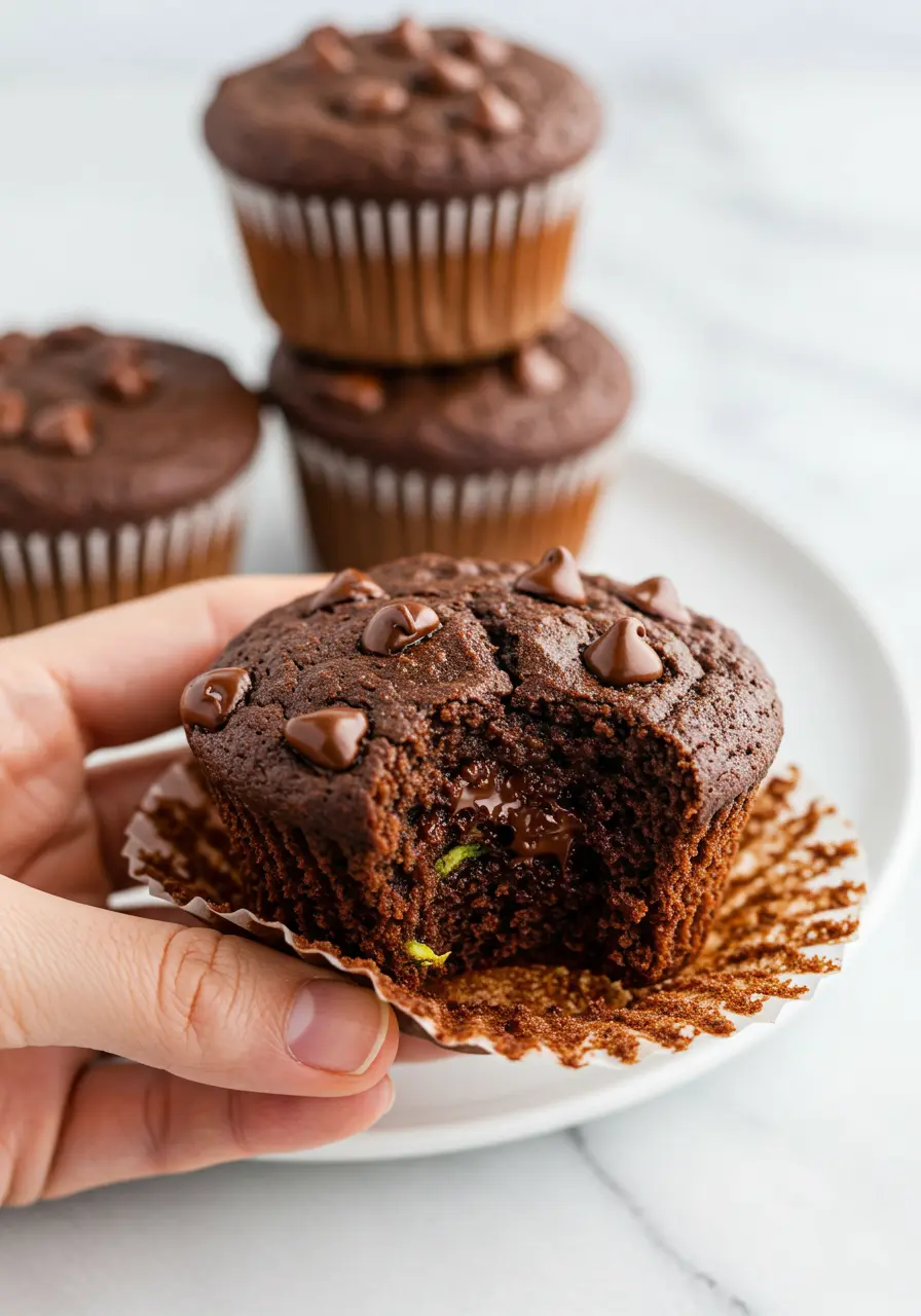 A hand is holding one chocolate zucchini muffins with a bite taken out of it.