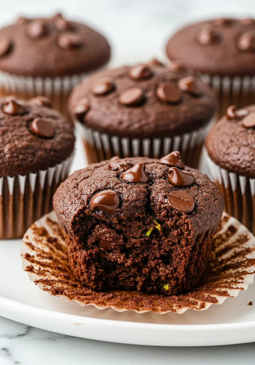 Chocolate zucchini muffins on a white plate with one of them has a bite taken out of it.