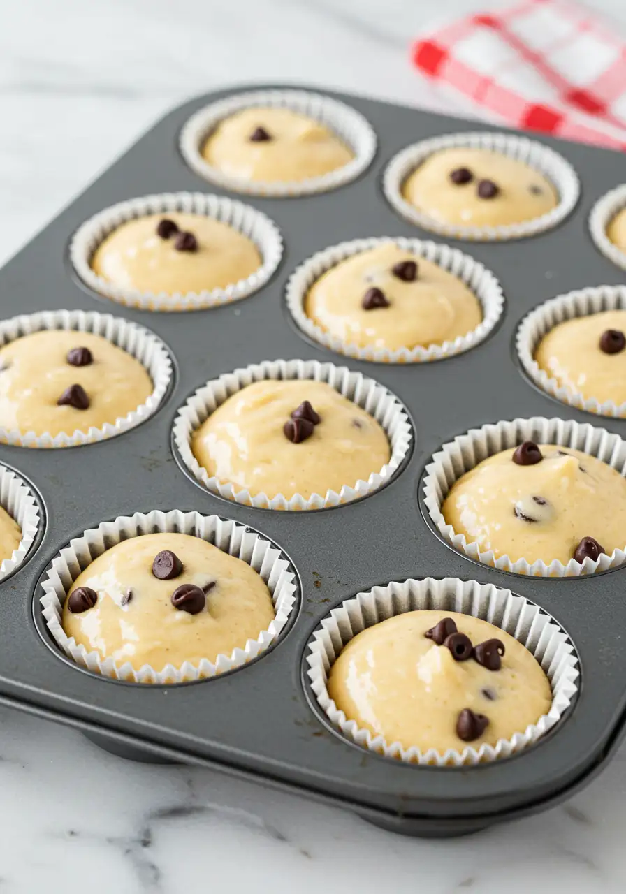 Chocolate chip muffins batter in the muffins tin.