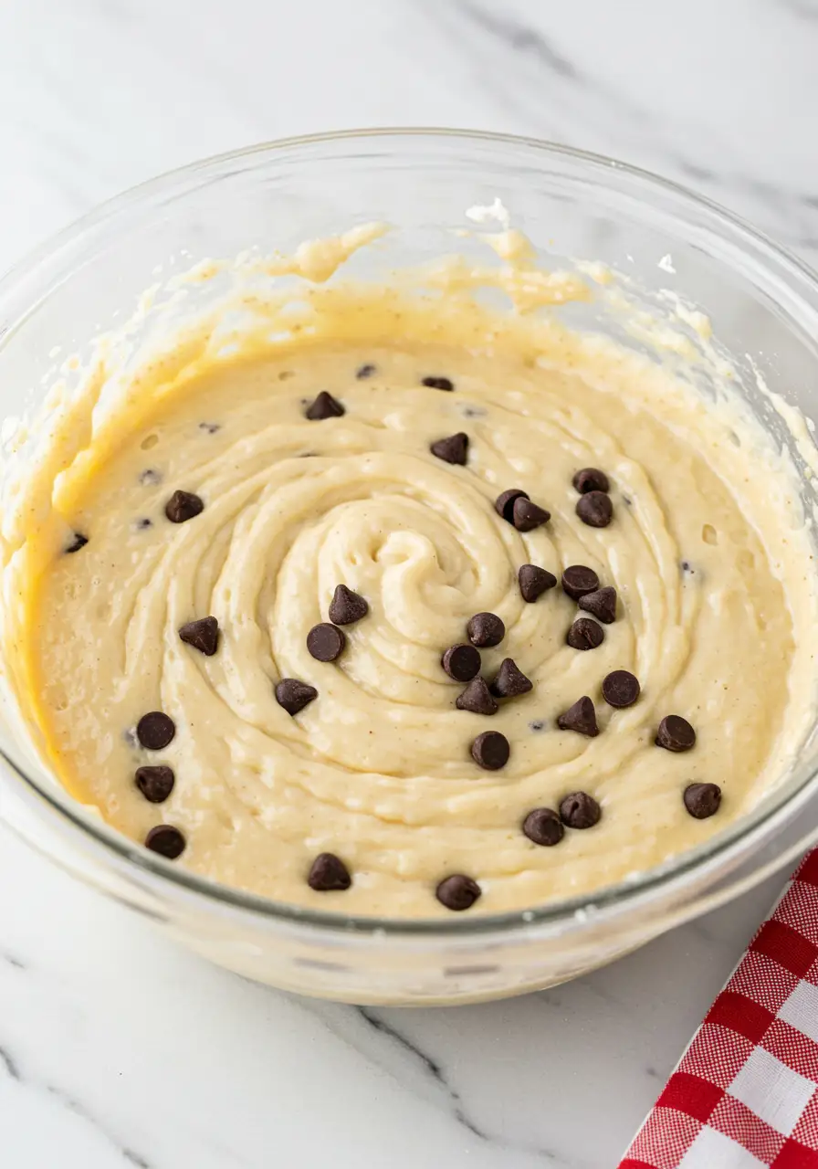 Chocolate chip muffins batter in a glass bowl against a white marble surface.