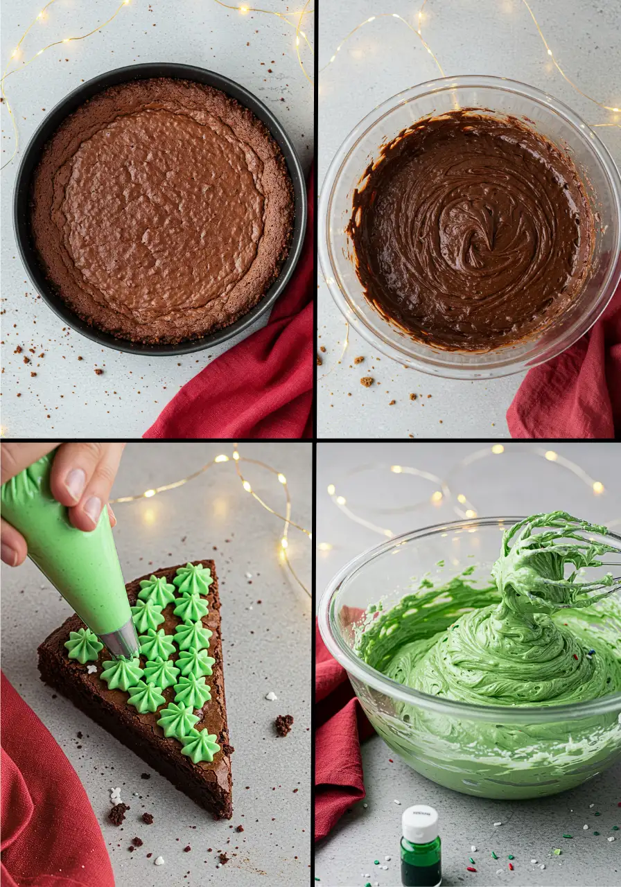 The steps of making Christmas tree brownies.