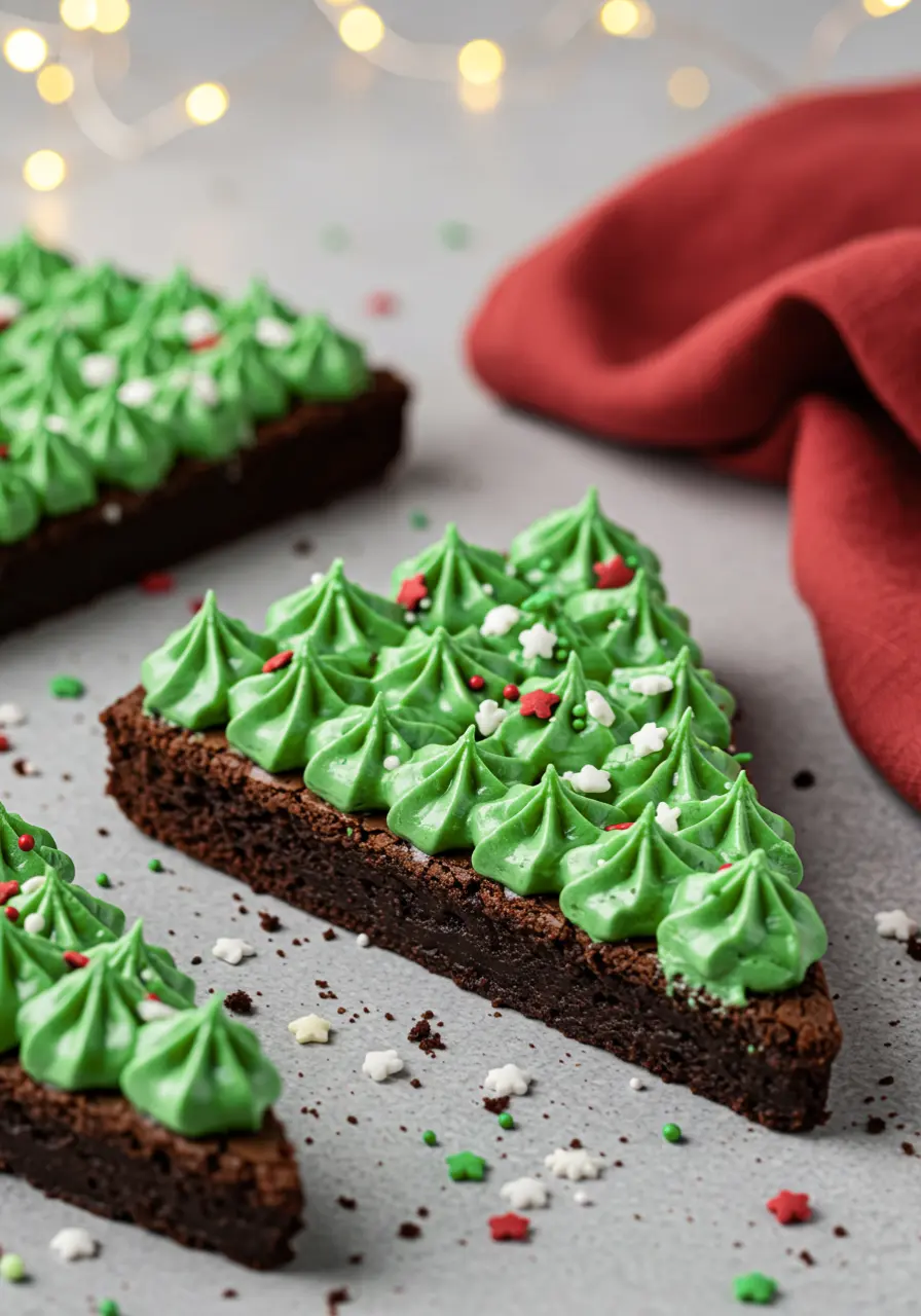 Christmas tree brownie on a gray surface and a red napkin nearby.